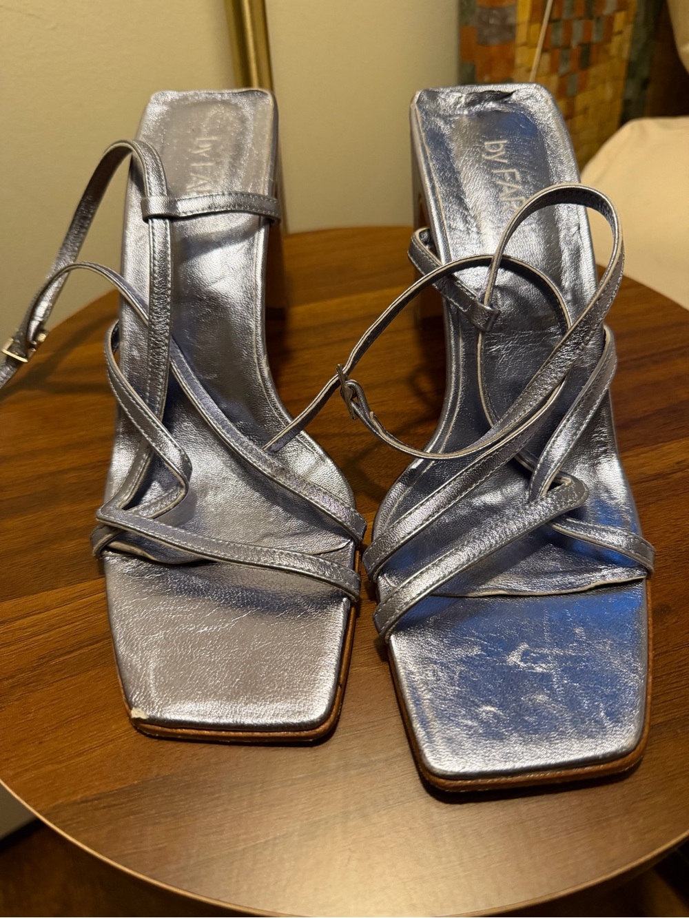 BY FAR Metallic Blue Strappy Square-Toe Heels